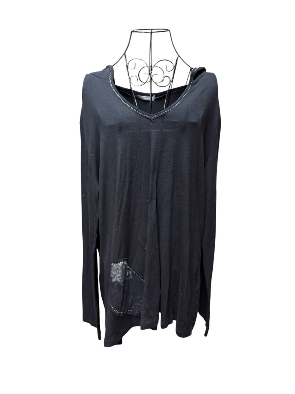 Nally & Millie Black V-Neck Long Sleeve Tunic Hoodie Embellished Pocket 3X